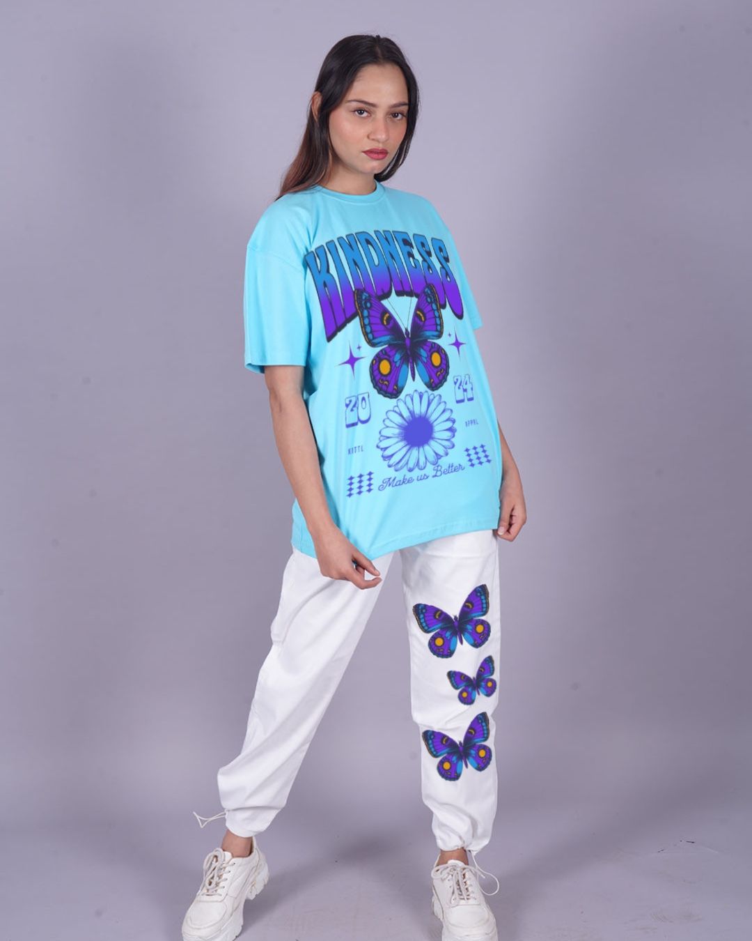 Women Kindness Oversized Co-Ord Set - Blue and White