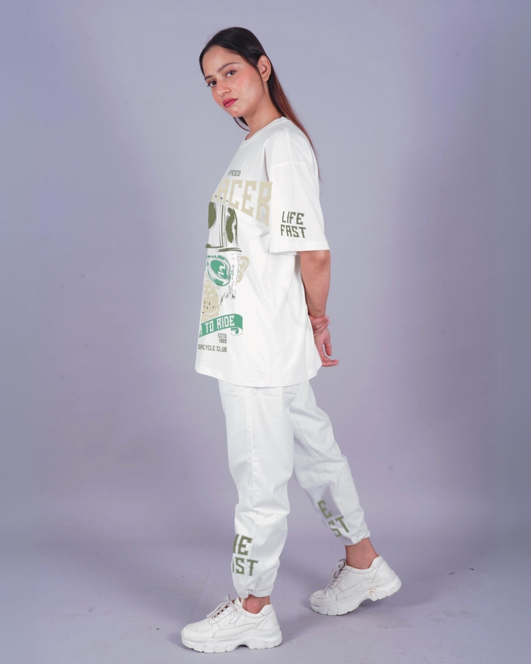 Women CafeRacer Oversized Co-Ord Set - White and White