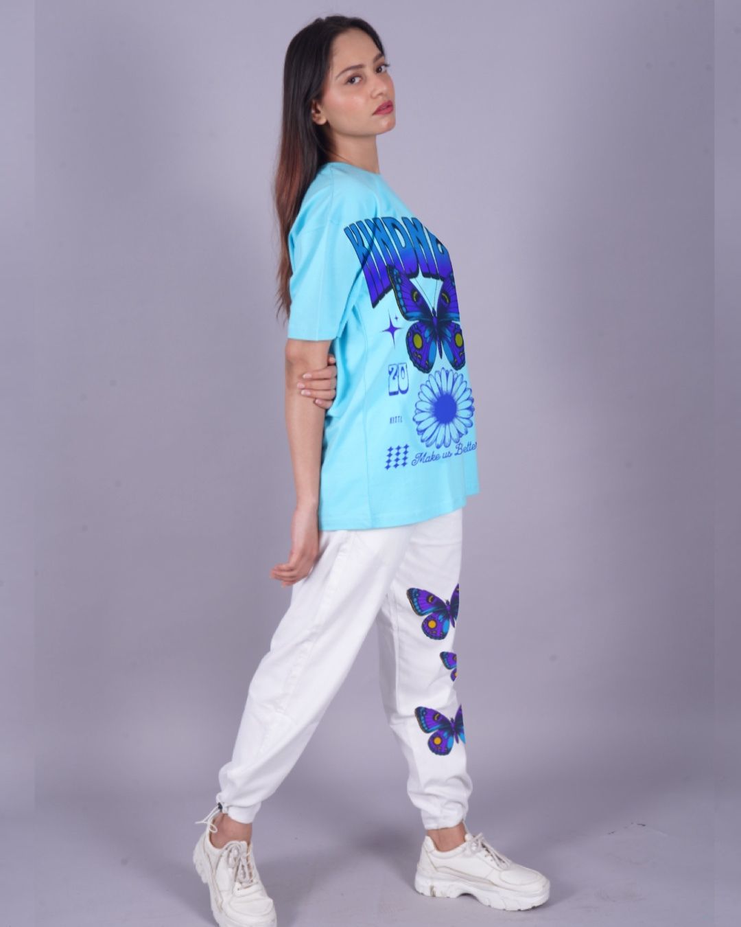 Women Kindness Oversized Co-Ord Set - Blue and White