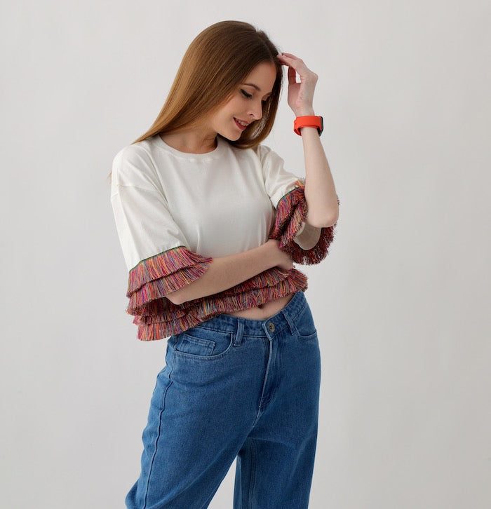 Oversized Ladies Top: Off-White Top with Colorful Fringe Trim