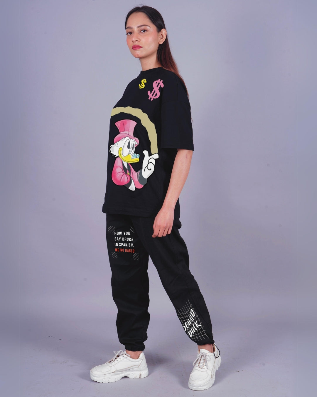 Women Duck Graphic Oversized Co-Ord Set - Black and Black