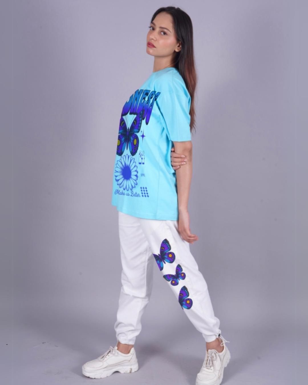 Women Kindness Oversized Co-Ord Set - Blue and White