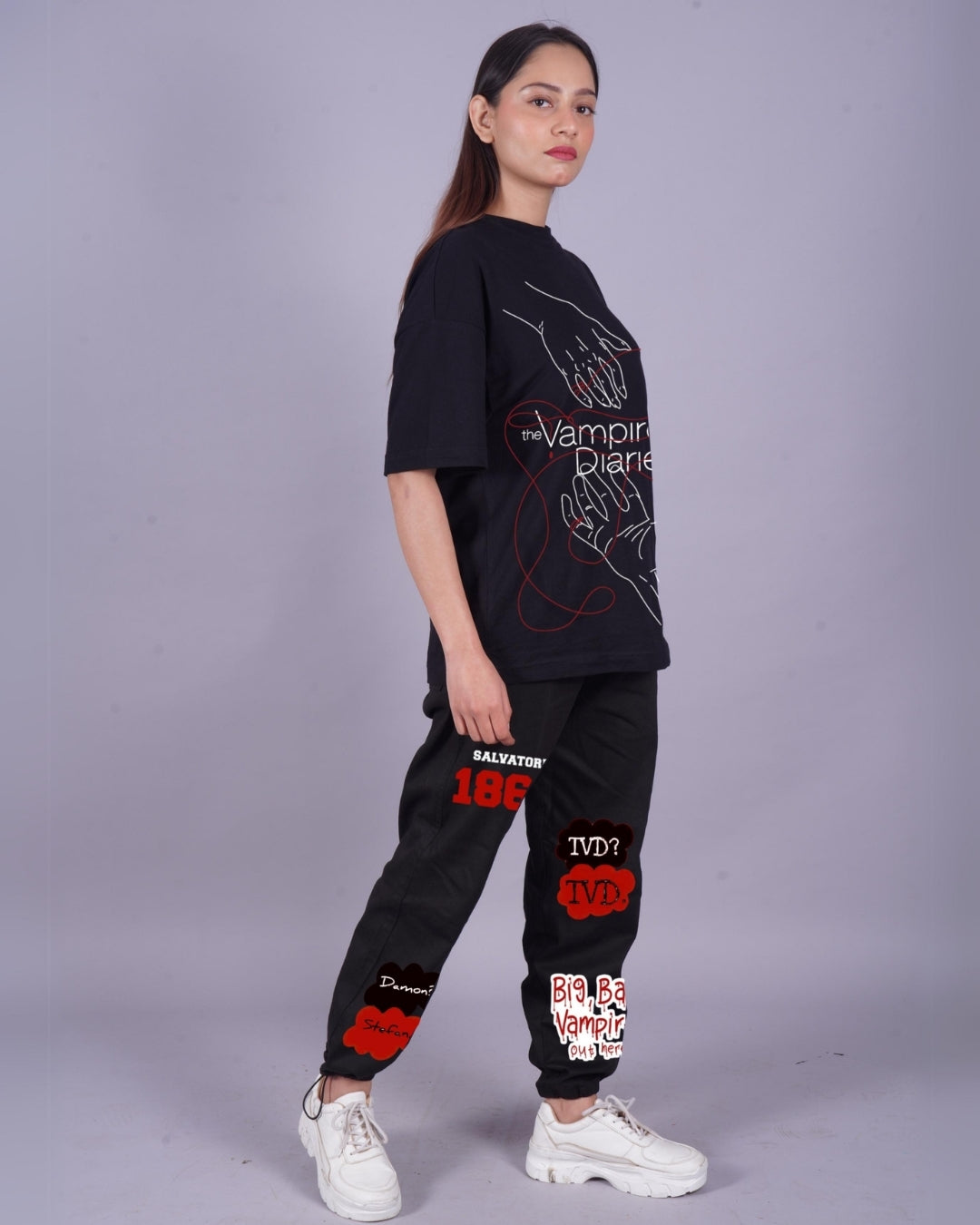 Women Vampire Diaries Oversized Co-Ord Set - Black and Black