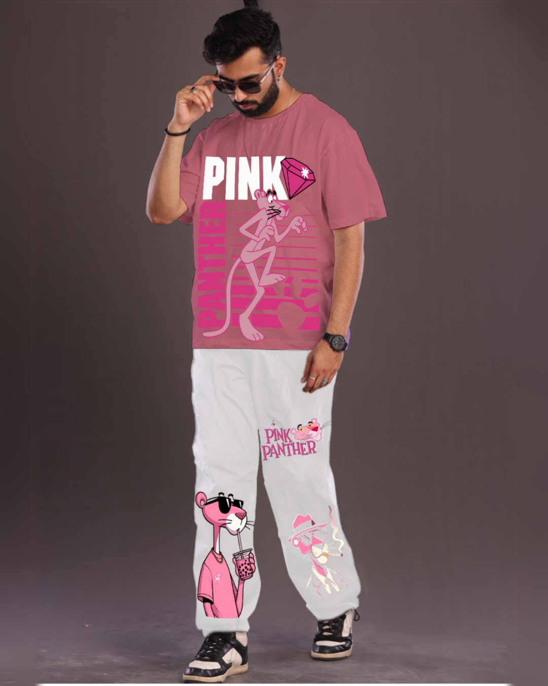 Men's Pink Panther Oversized Co-Ord Set - Pink and White(*)