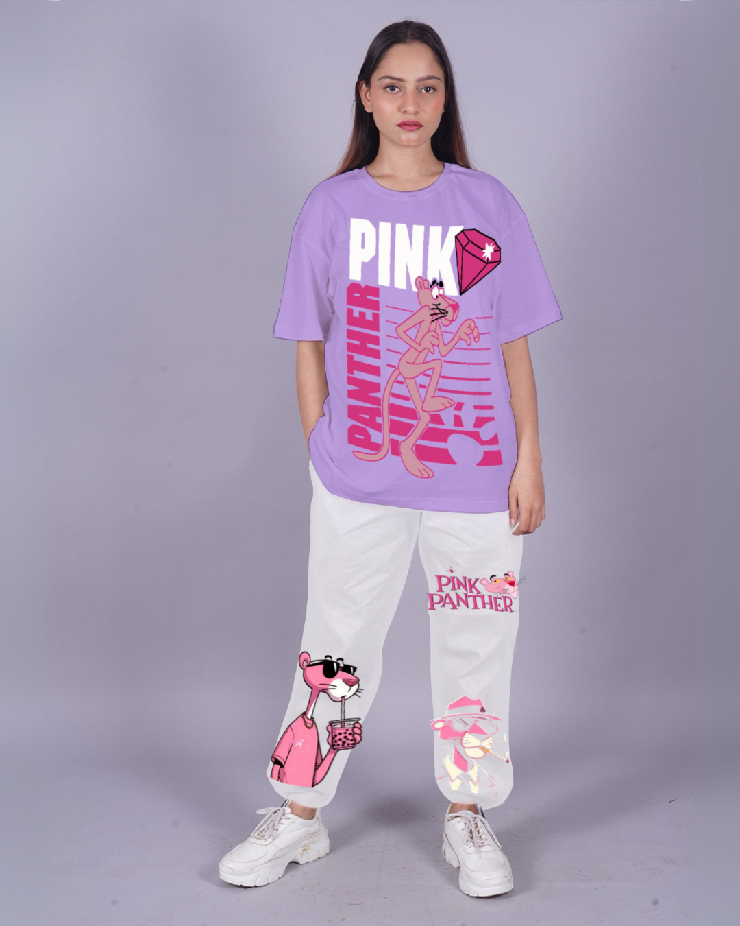 Women Pink Panther Oversized Co-Ord Set - Purple and White
