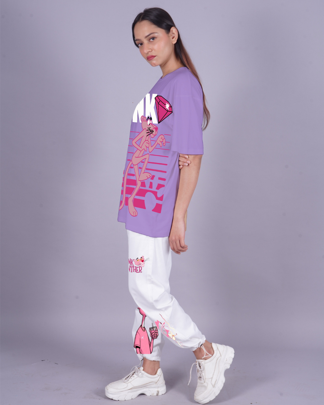 Women Pink Panther Oversized Co-Ord Set - Purple and White