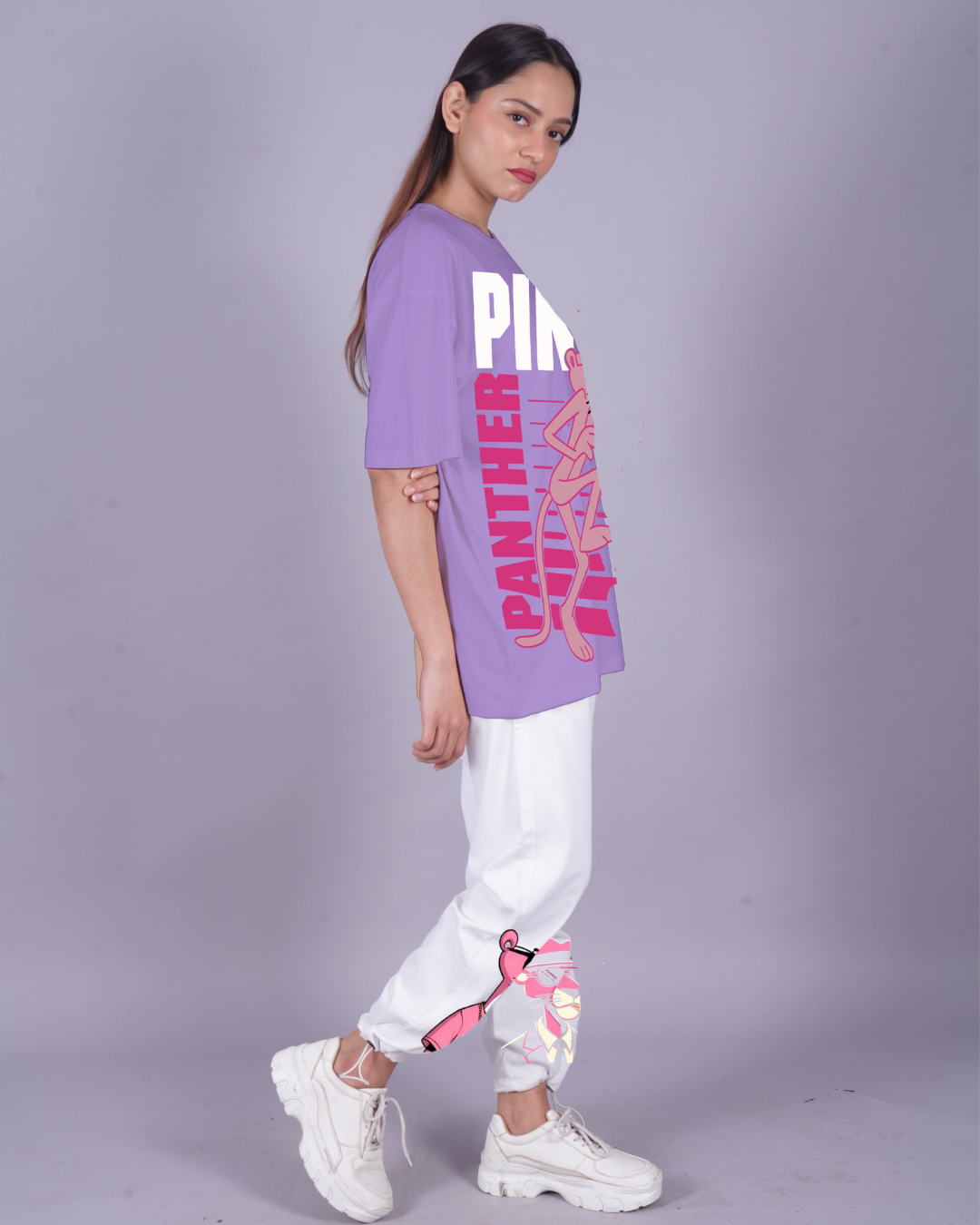 Women Pink Panther Oversized Co-Ord Set - Purple and White