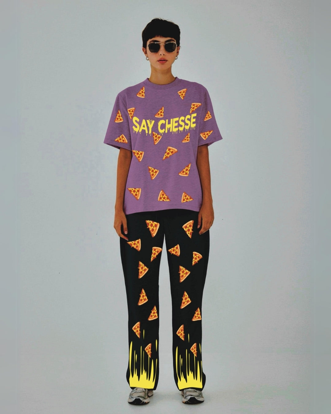 Women Say Cheese Oversized Co-Ord Set - Purple and Black
