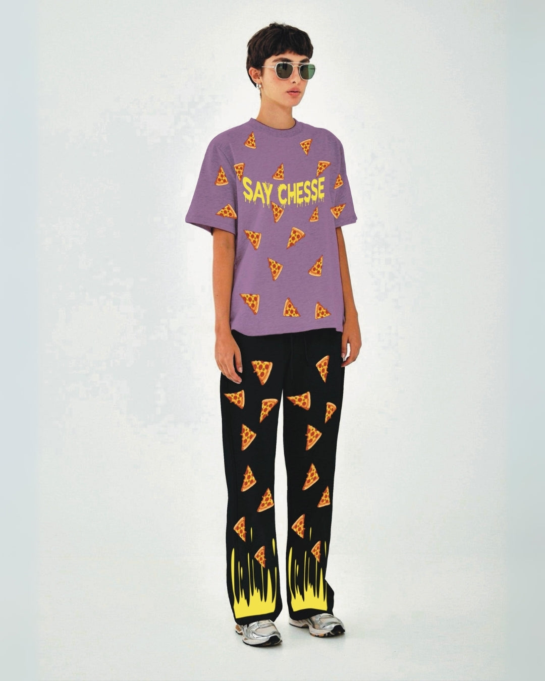 Women Say Cheese Oversized Co-Ord Set - Purple and Black