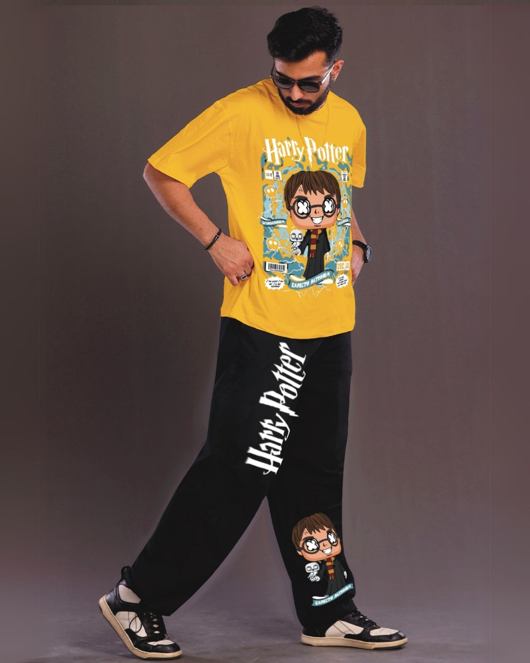 Young Harry Potter Men's Oversized Yellow and Black Coord Set