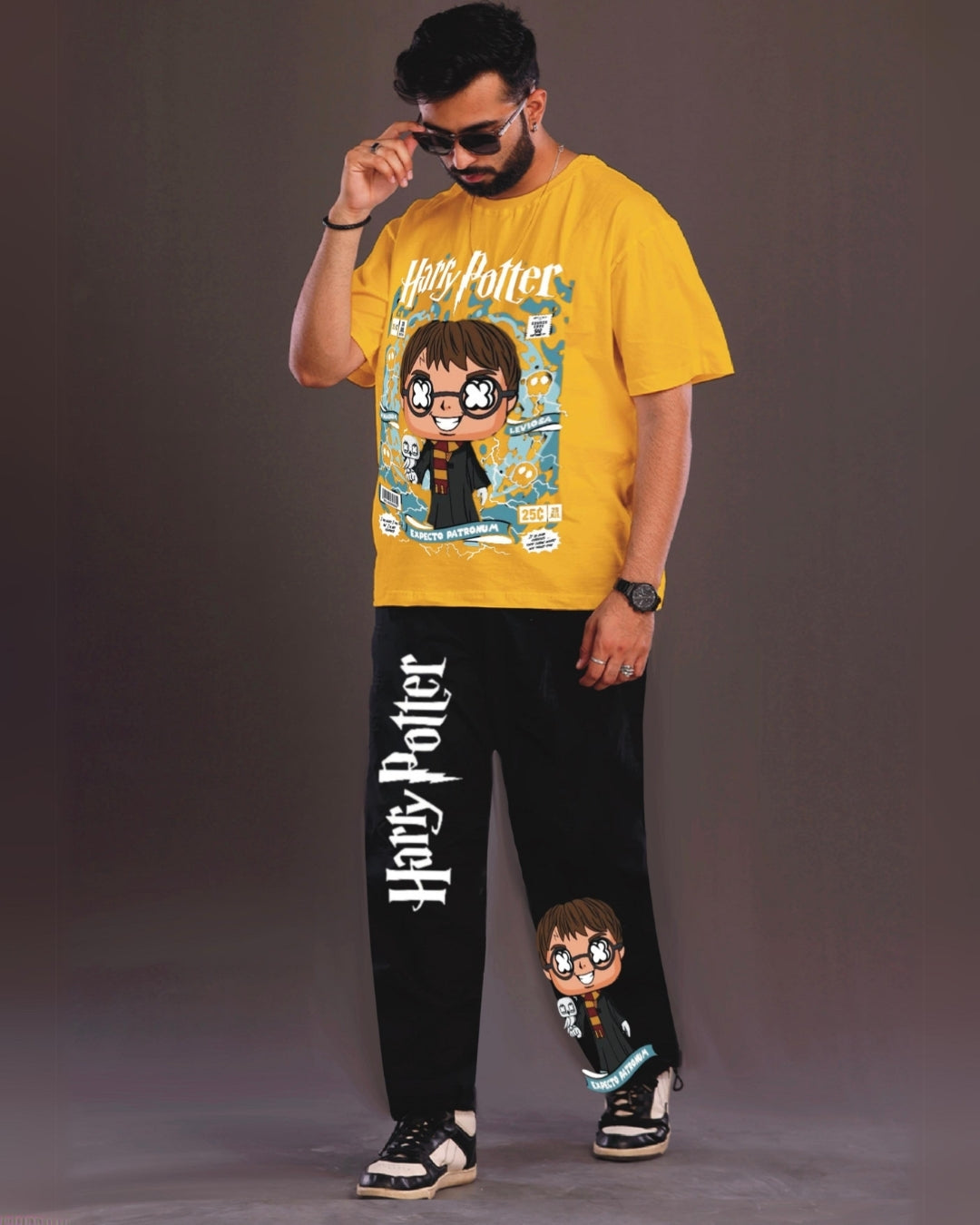 Young Harry Potter Men's Oversized Yellow and Black Coord Set