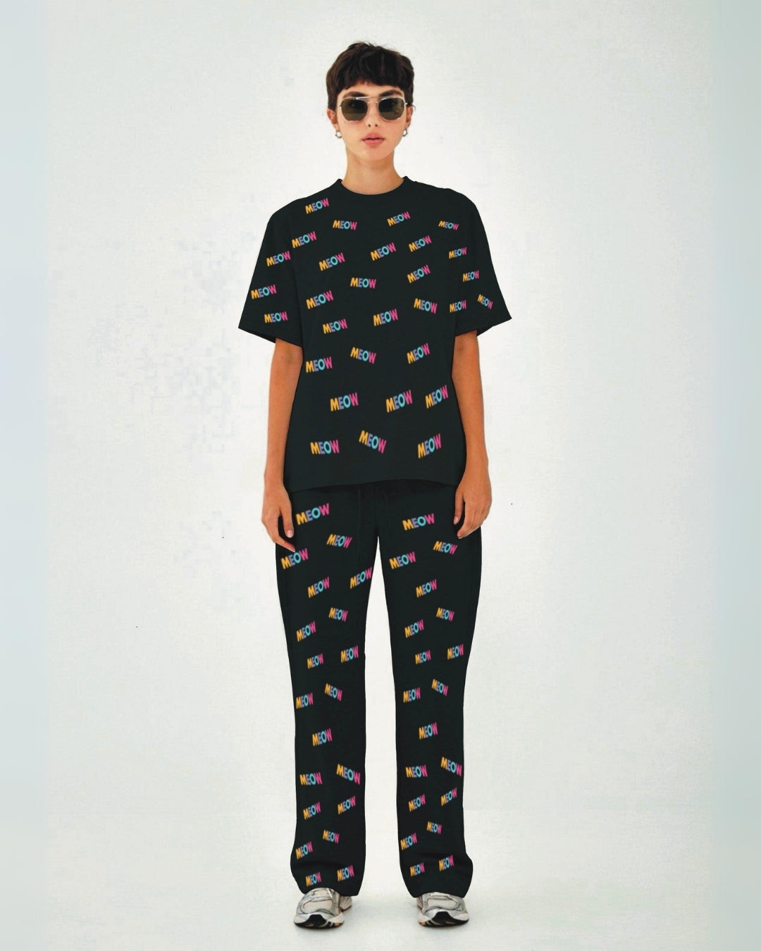 Women Meow Oversized Co-Ord Set - Black and Black