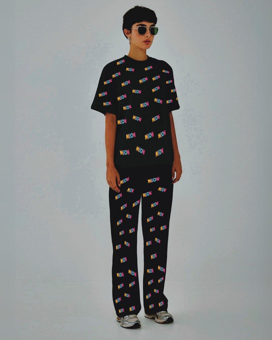 Women Meow Oversized Co-Ord Set - Black and Black