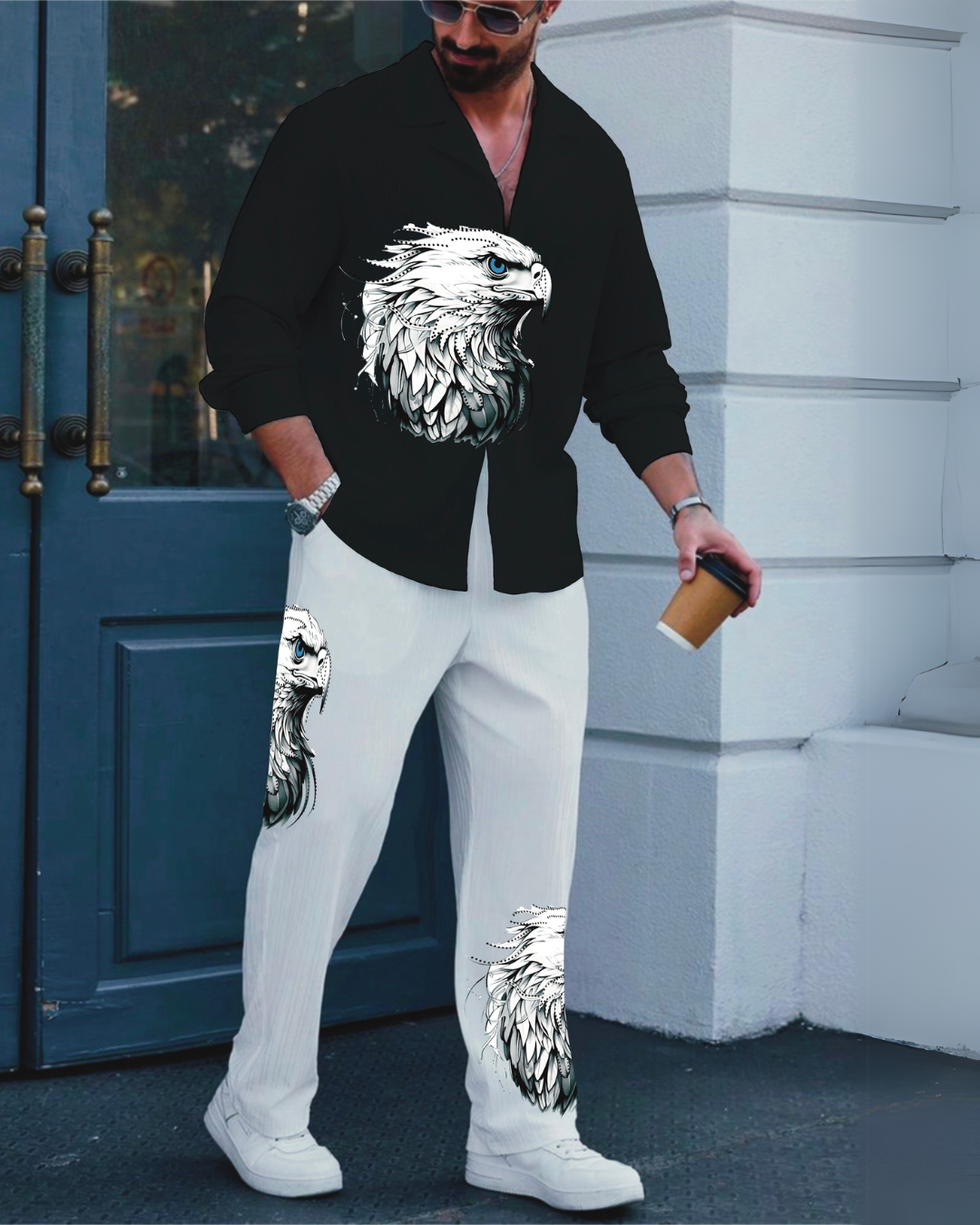 EAGLE FULL SLEEVE OVERSIZED KNITTED SHIRT COORD SET - BLACK AND WHITE (*)