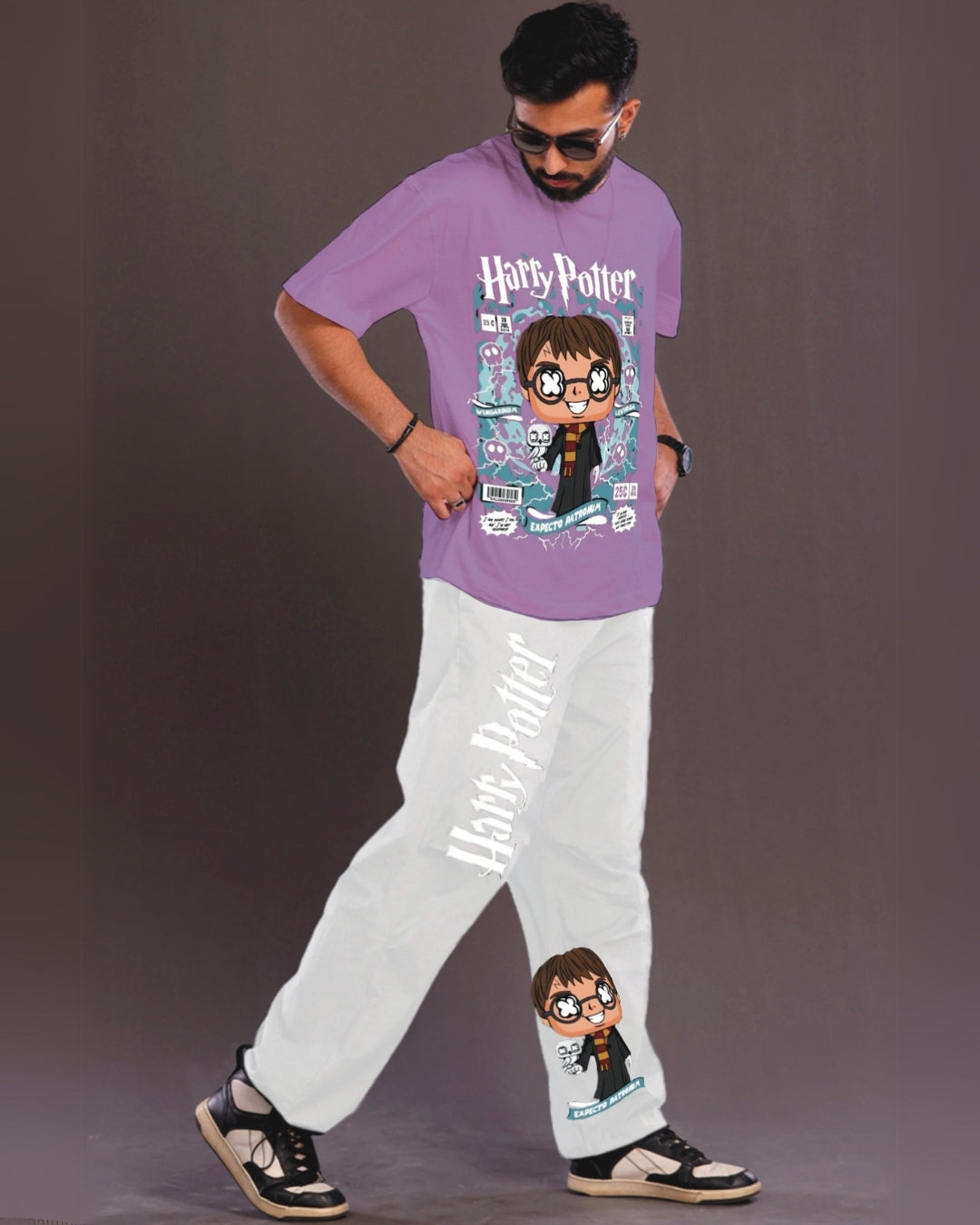 Young Harry Potter Men's Oversized Purple and White Coord Set