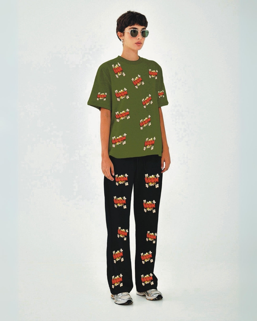 Women Boom Oversized Co-Ord Set - Olive and Black