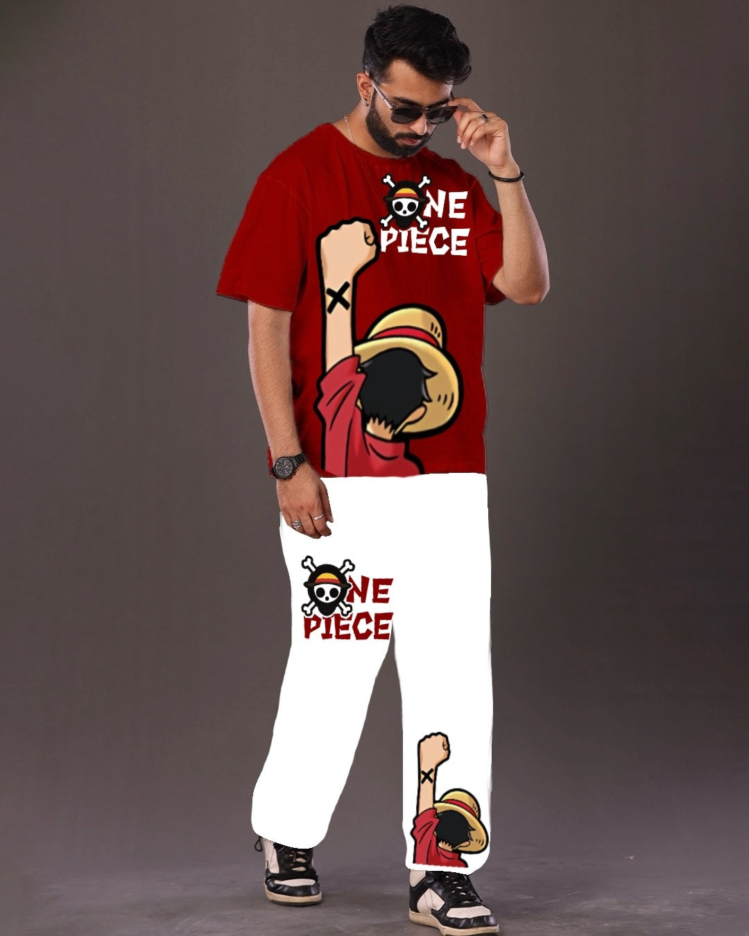 One Piece : Red and White Oversized Men's Co Ord Set(*)