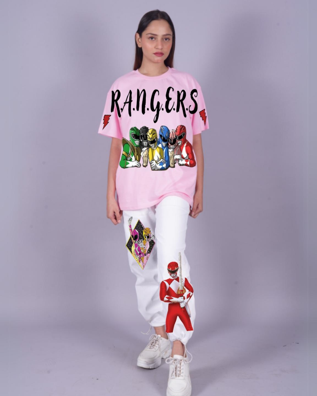 Women Rangers Oversized Co-Ord Set - Pink and White