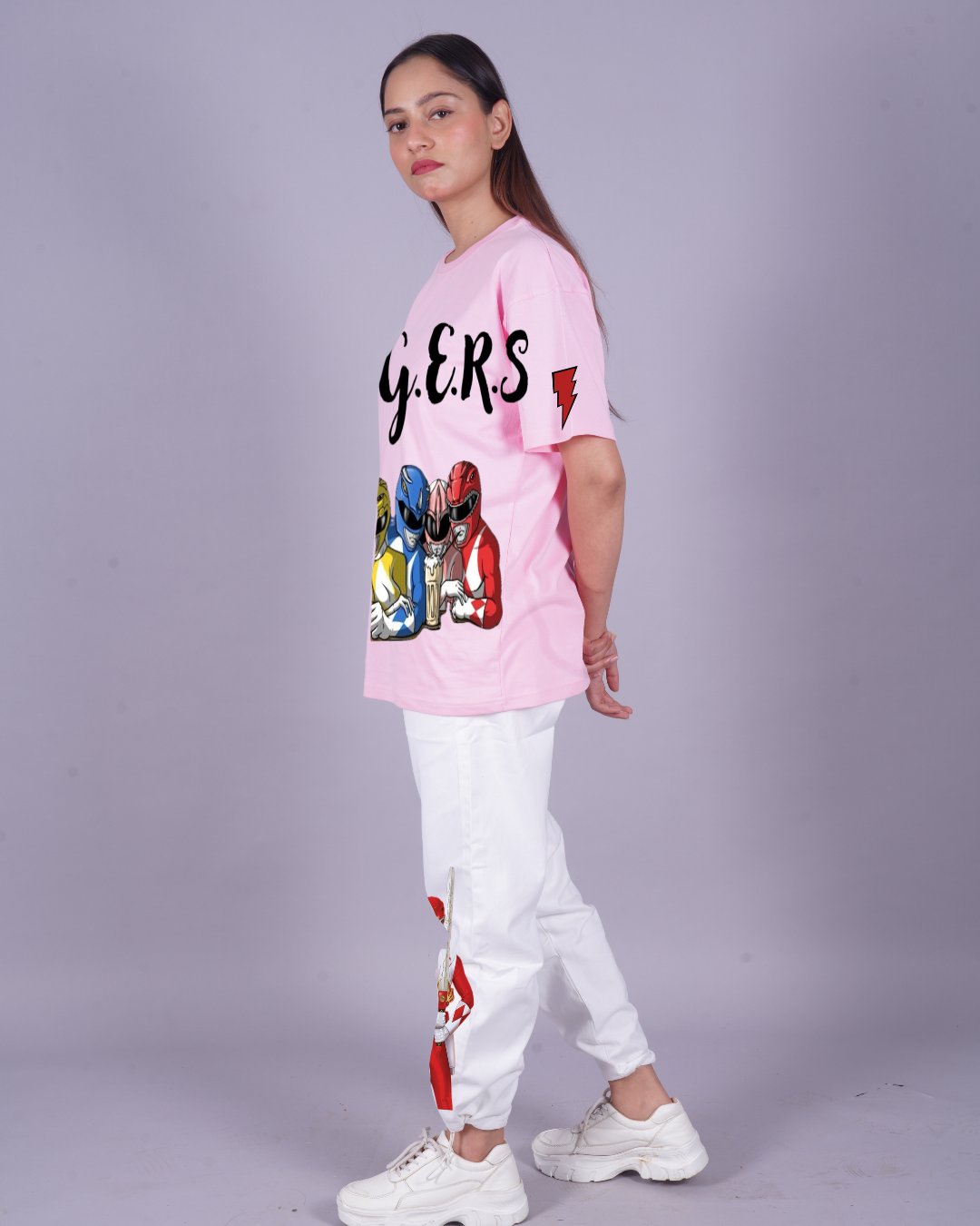 Women Rangers Oversized Co-Ord Set - Pink and White