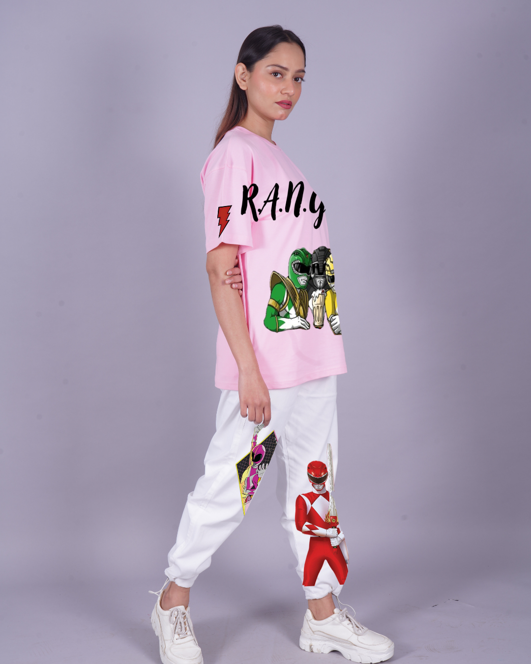 Women Rangers Oversized Co-Ord Set - Pink and White