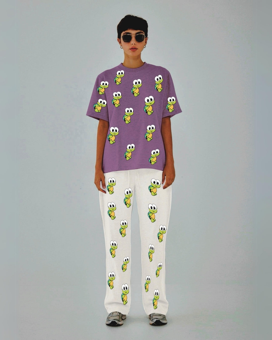 Women Turtle World Oversized Co-Ord Set - Purple and White