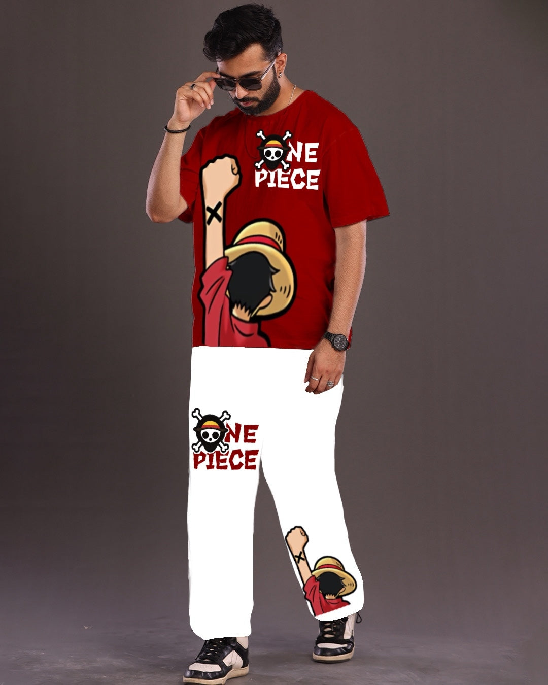 One Piece : Red and White Oversized Men's Co Ord Set(*)