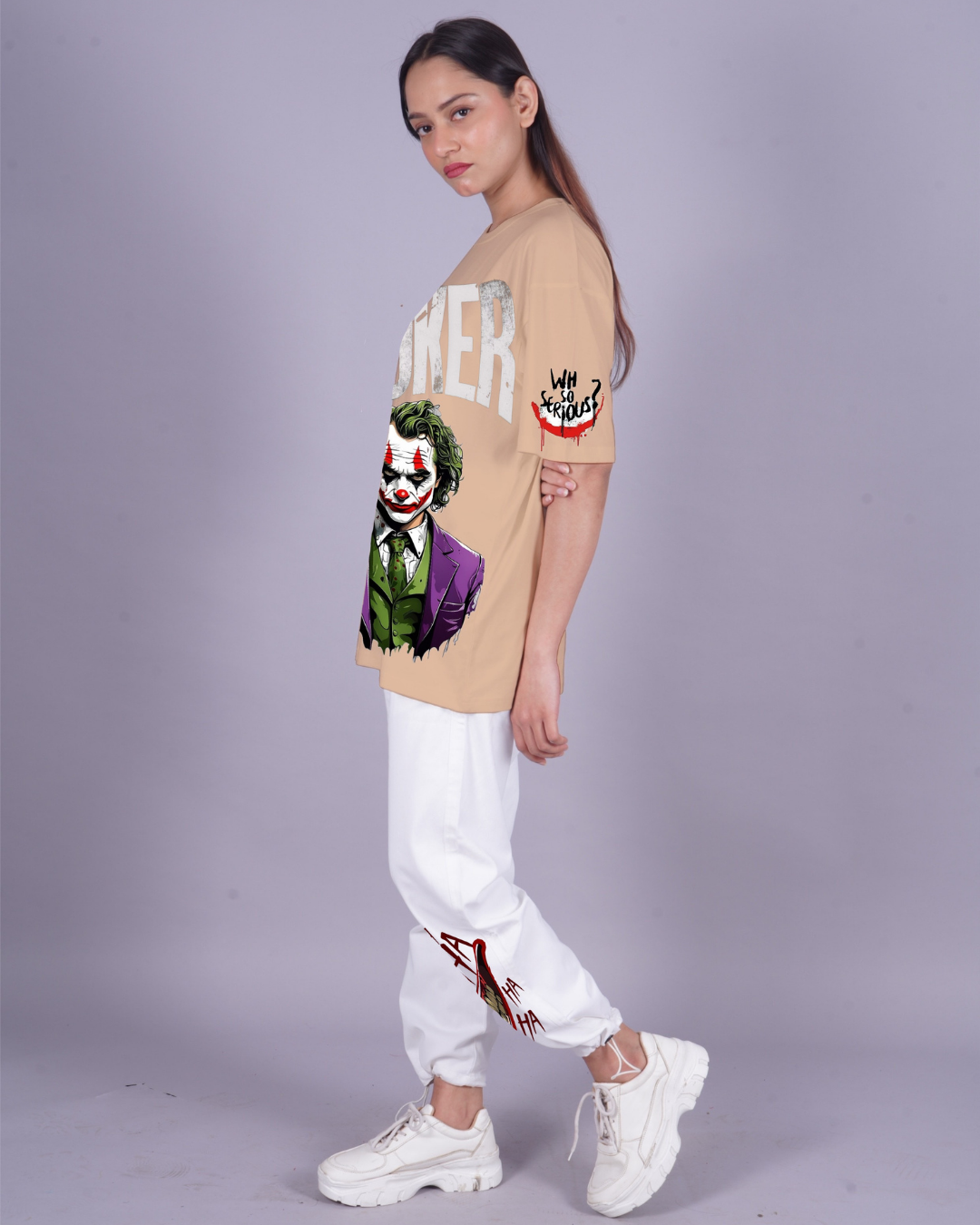 Women Joker Graphic Oversized Co-Ord Set - Beige and White