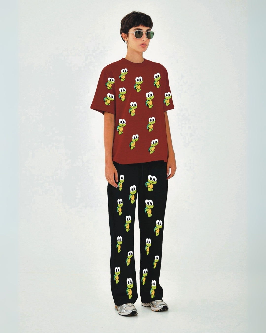 Women Turtle World Oversized Co-Ord Set - Red and Black