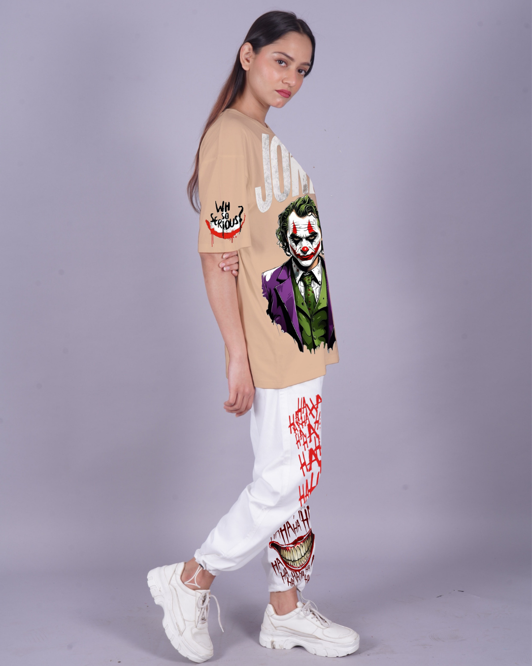 Women Joker Graphic Oversized Co-Ord Set - Beige and White