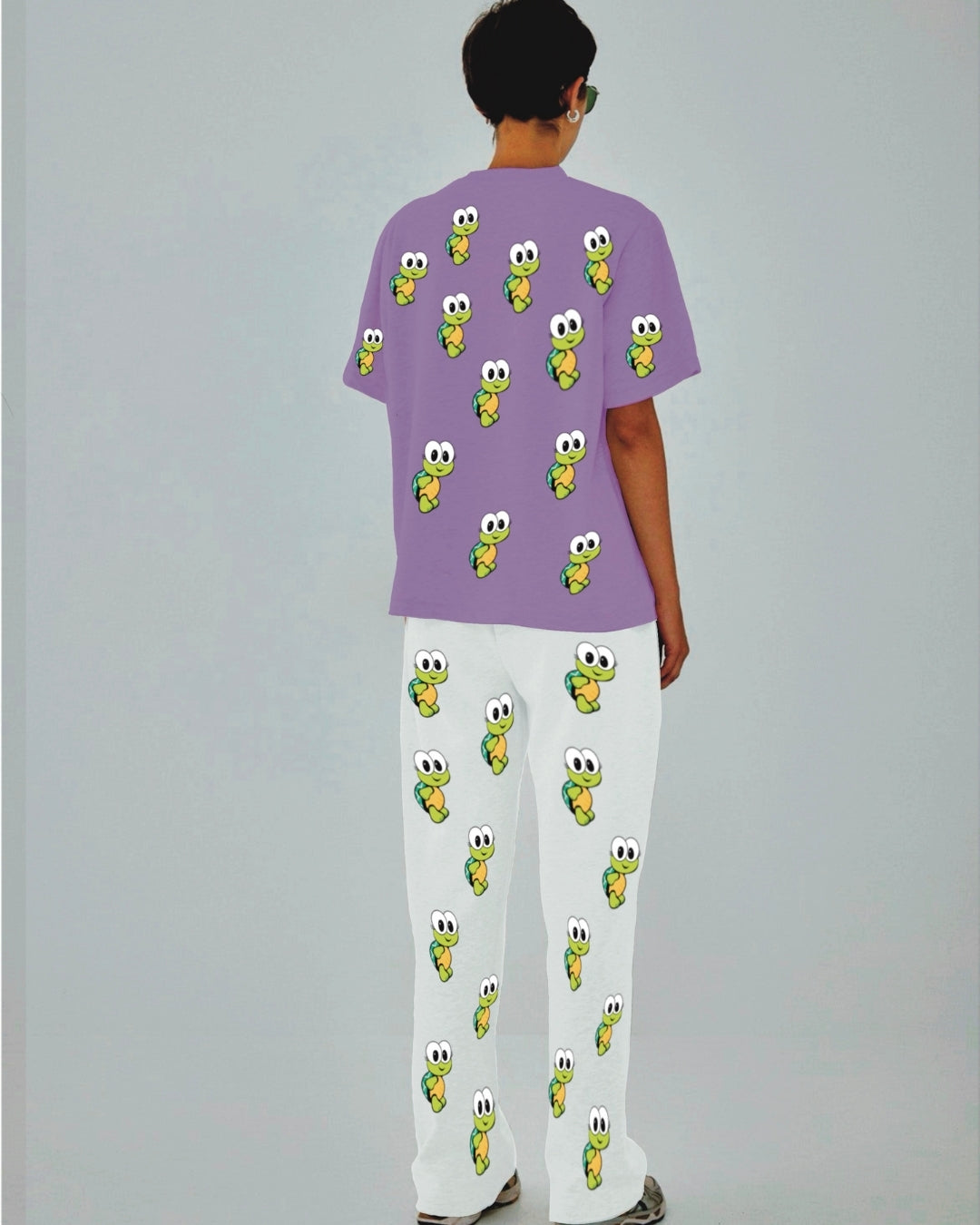Women Turtle World Oversized Co-Ord Set - Purple and White