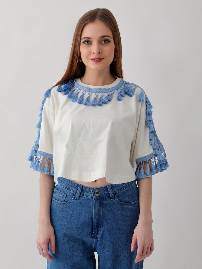 SUMMER TOPS: 2 COTTON CANDY PINK & OFF-WHITE TASSEL TEES, 100% COTTON