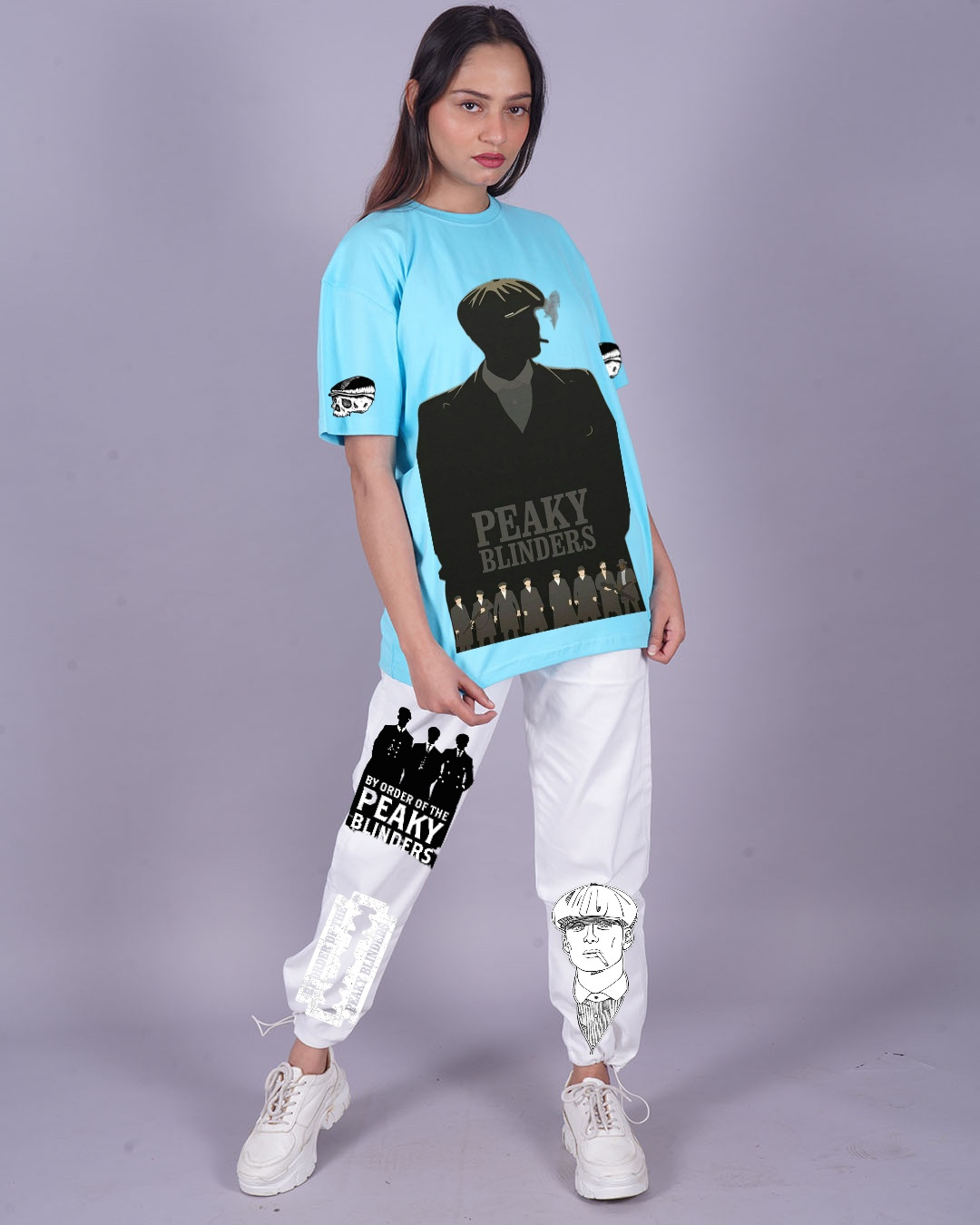 Women Peaky Blinders Oversized Co-Ord Set - Blue and White