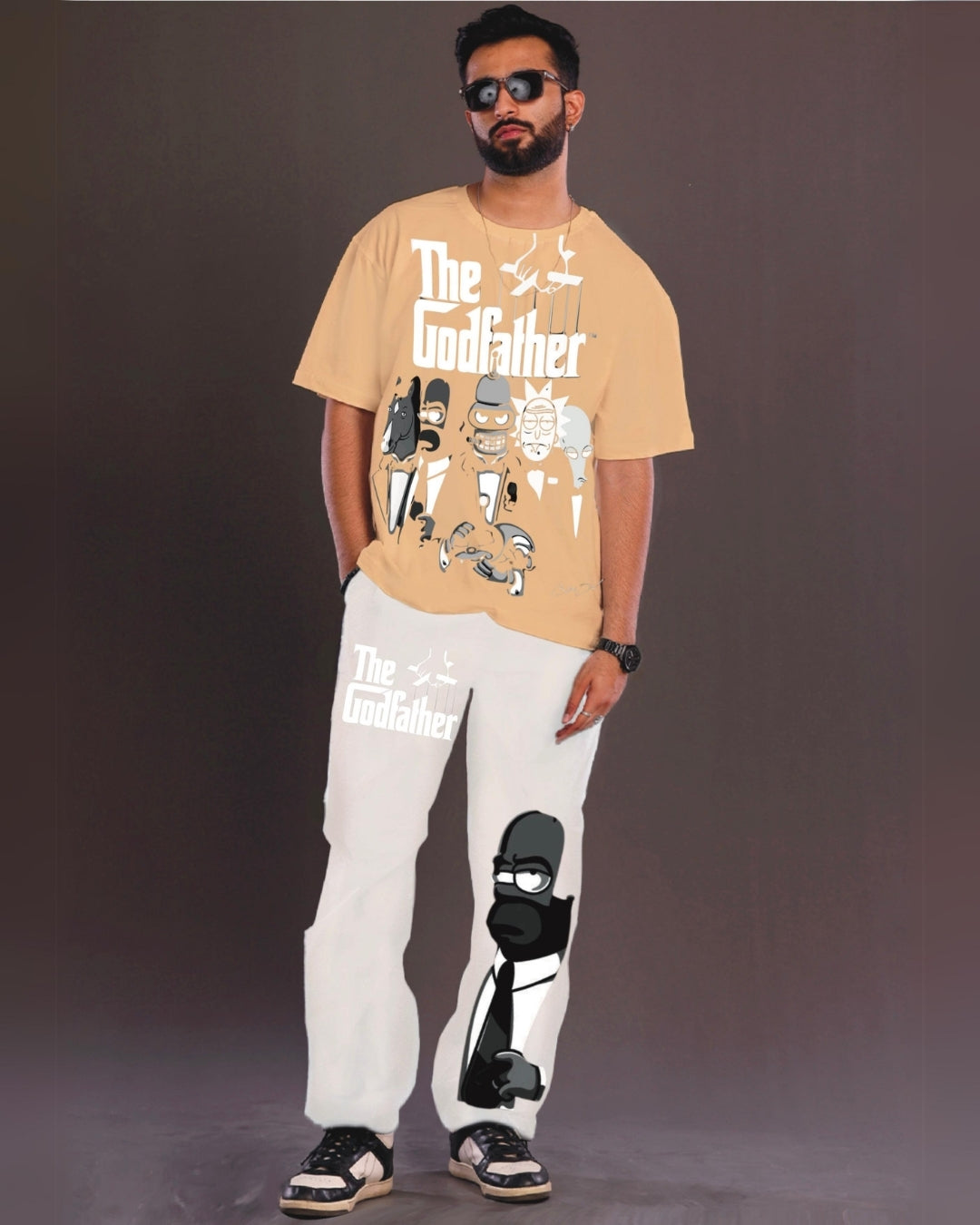 The GodFather Men's Oversized Beige and White Coord Set