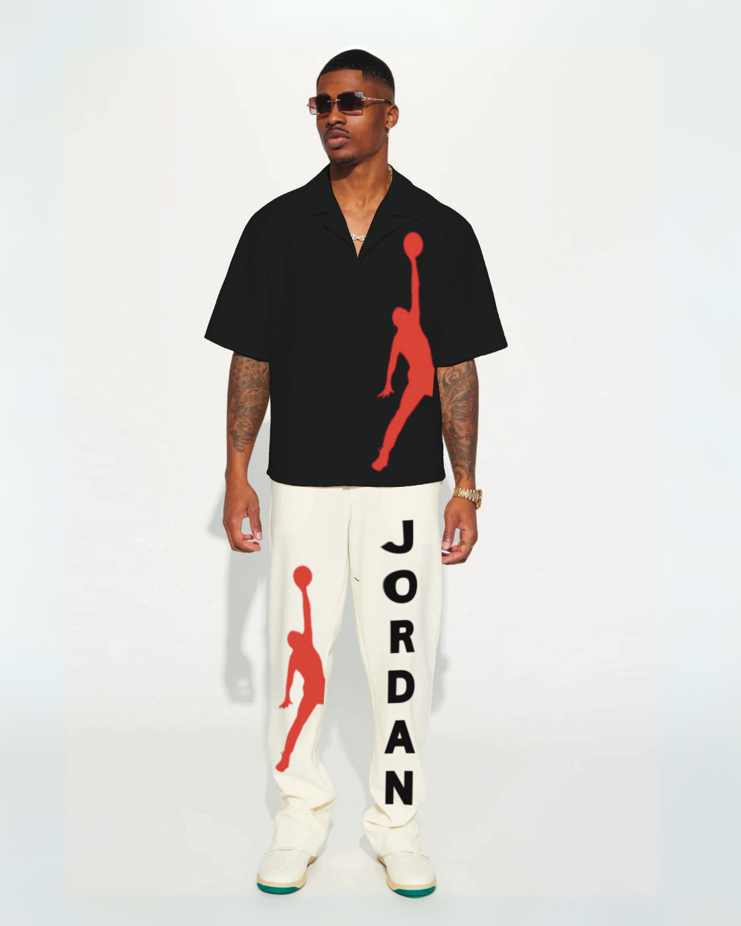 UP-HAND BASKETBALL HALF SLEEVES OVERSIZED KNITTED SHIRT COORD SET - BLACK AND WHITE (*)