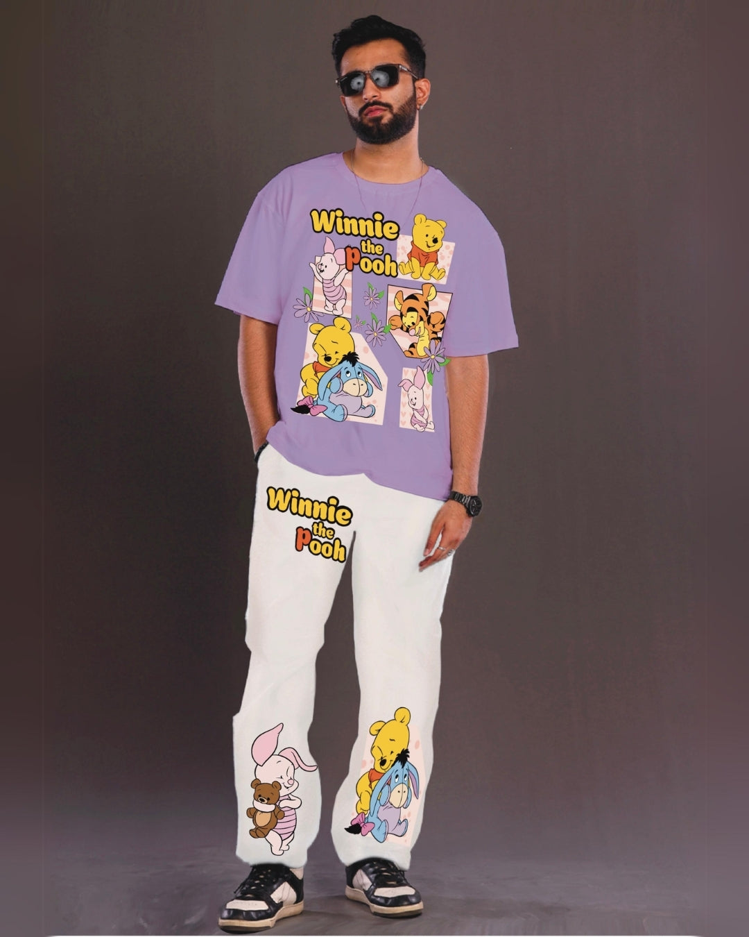 Winnie the Pooh Men's Oversized Purple and White Coord Set