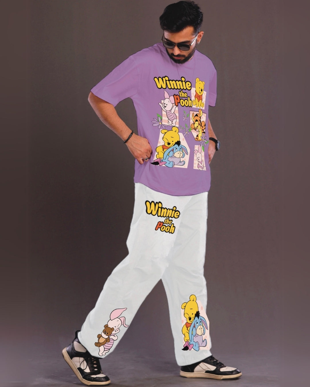 Winnie the Pooh Men's Oversized Purple and White Coord Set