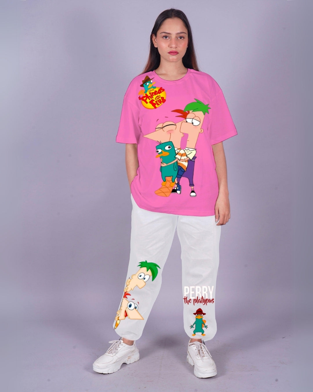 Women Perry the Platypus Oversized Co-Ord Set - Pink and White
