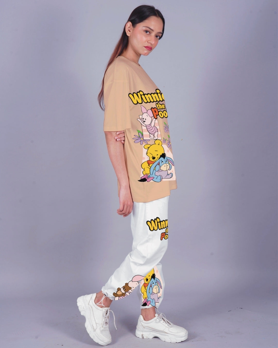 Women Winnie the Pooh Oversized Co-Ord Set - Beige and White