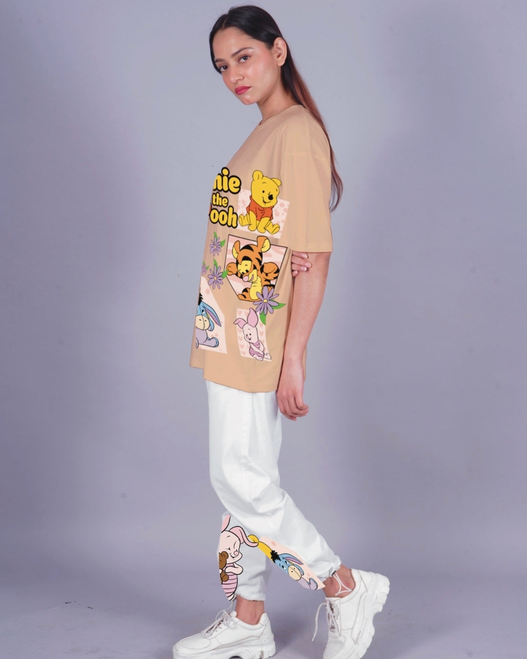 Women Winnie the Pooh Oversized Co-Ord Set - Beige and White