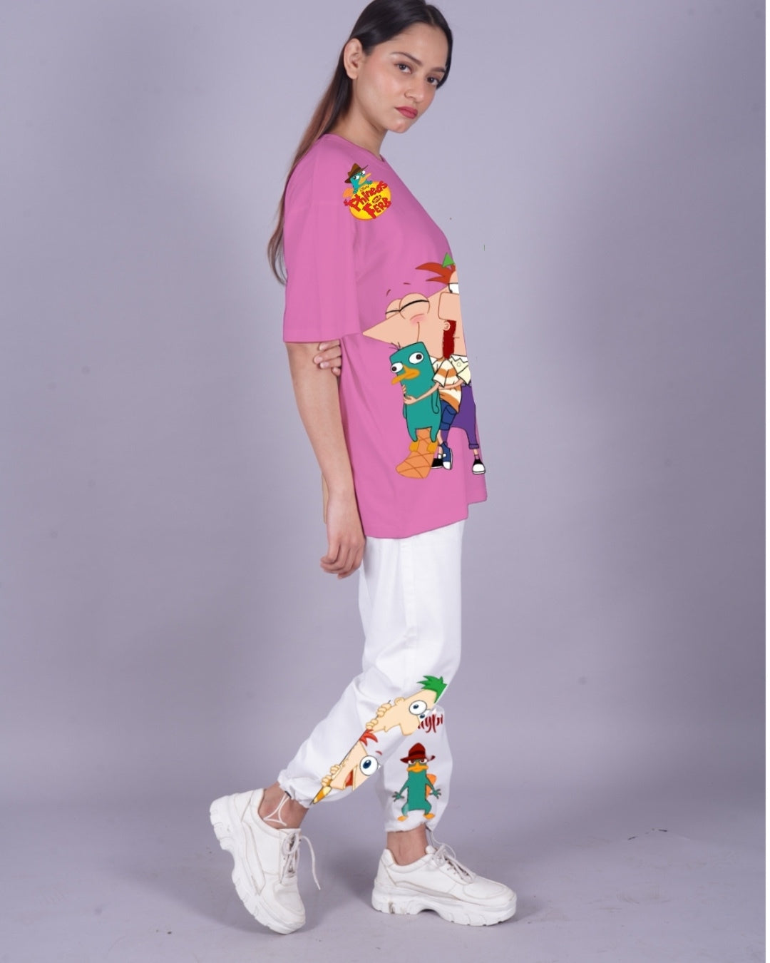 Women Perry the Platypus Oversized Co-Ord Set - Pink and White