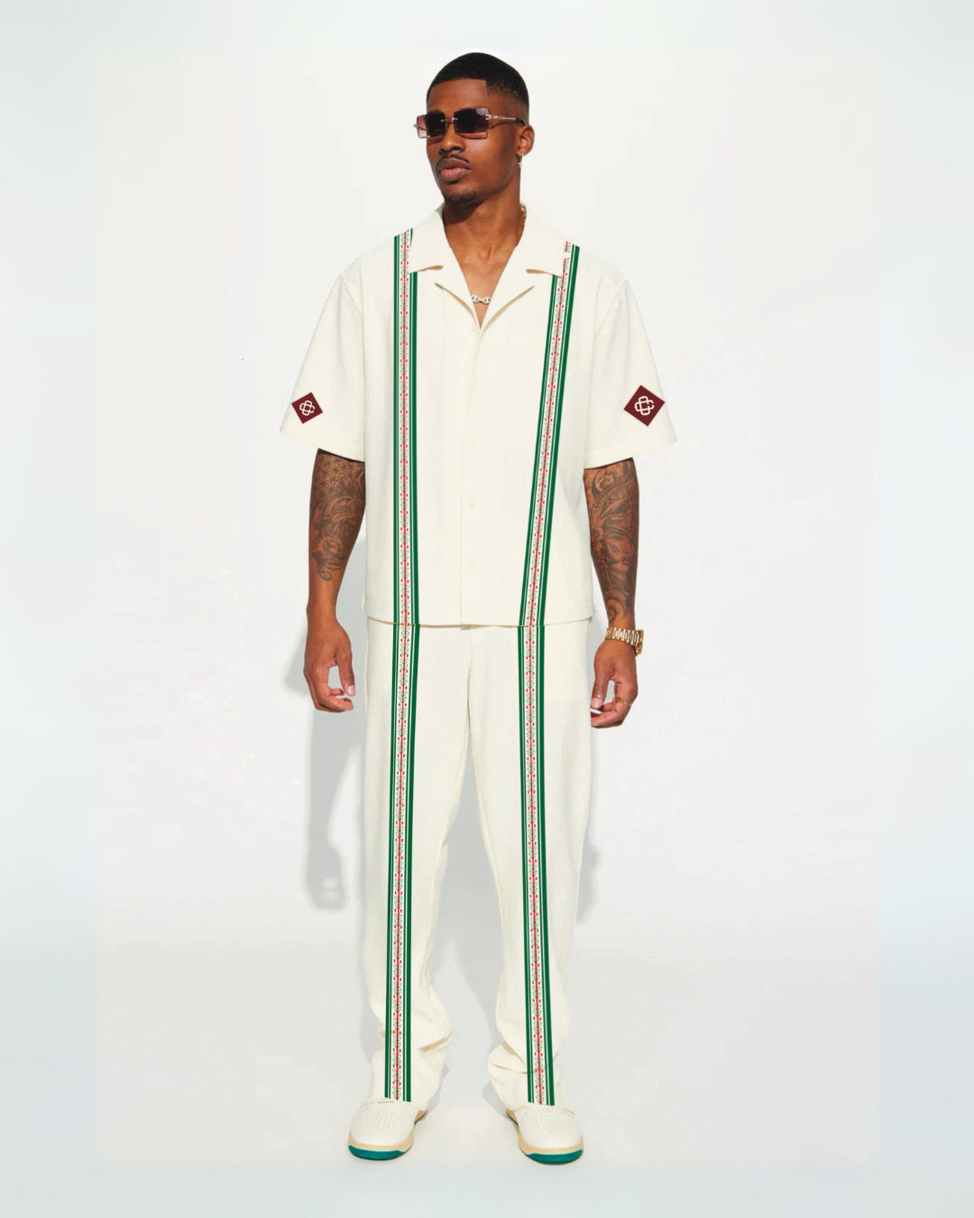 DILJIT CODED STYLE HALF SLEEVES OVERSIZED KNITTED SHIRT COORD SET - WHITE AND WHITE (*)