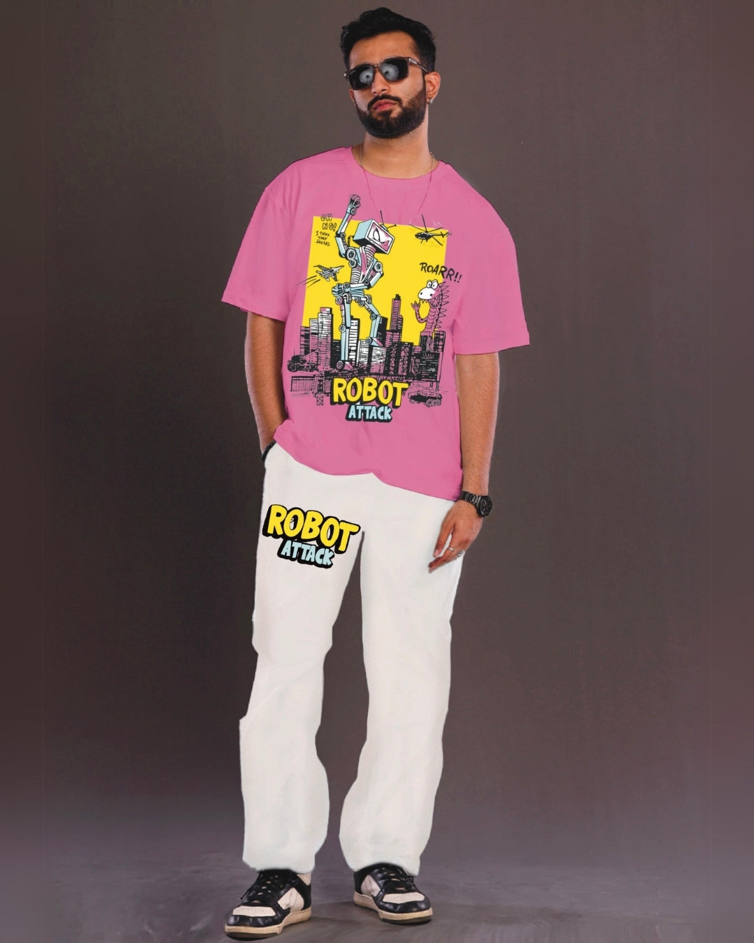Robot Attack Men's Oversized Pink and White Coord Set