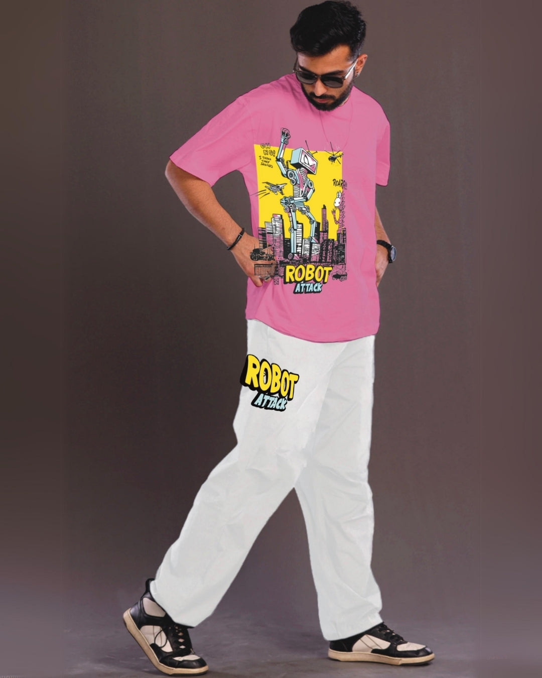Robot Attack Men's Oversized Pink and White Coord Set