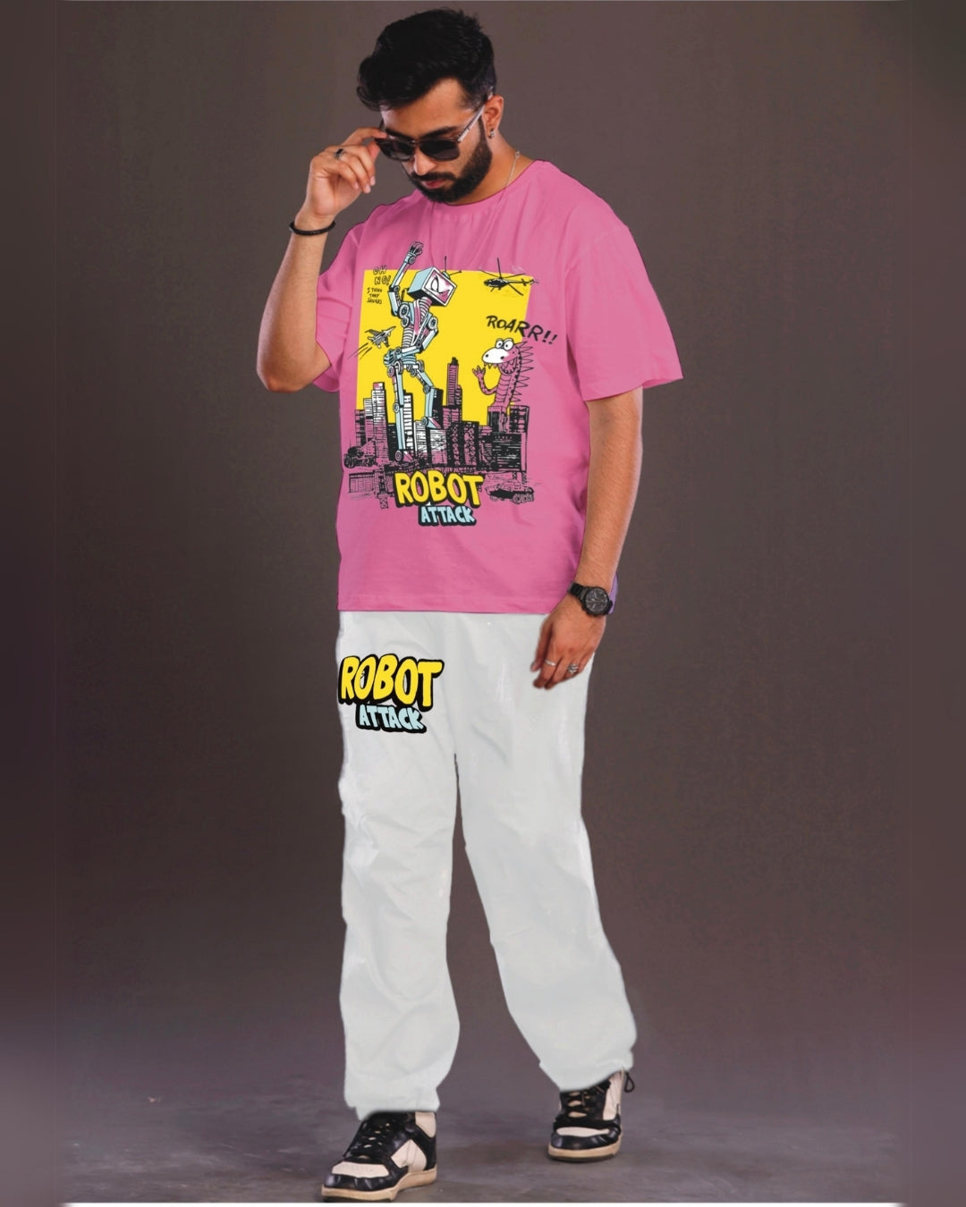 Robot Attack Men's Oversized Pink and White Coord Set