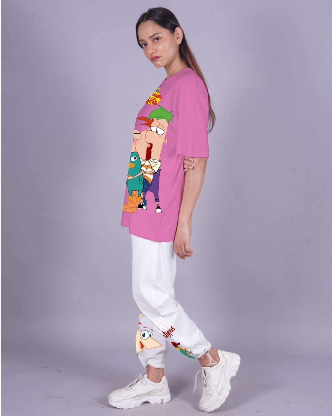 Women Perry the Platypus Oversized Co-Ord Set - Pink and White
