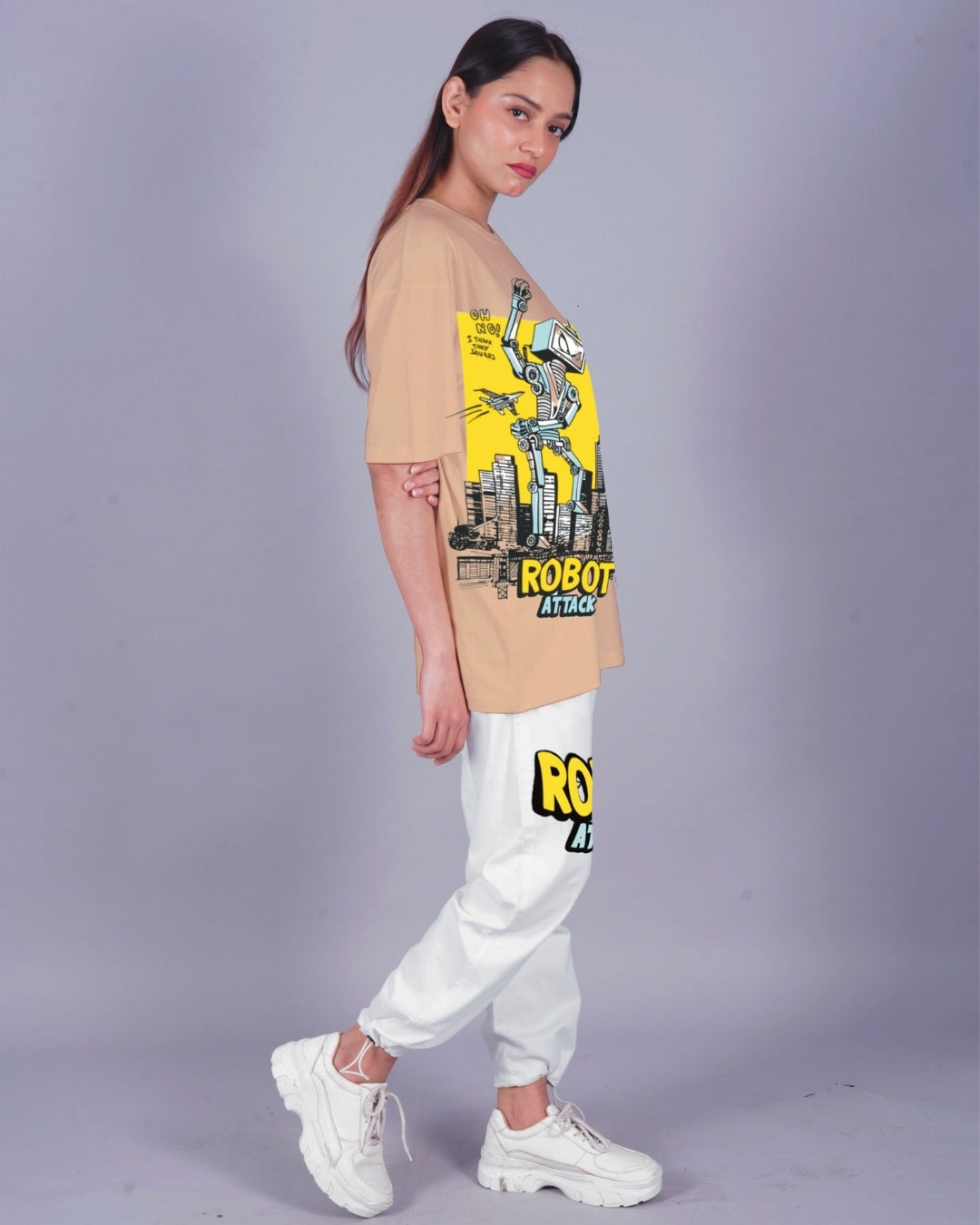 Women Robot Attack Oversized Co-Ord Set - Beige and White