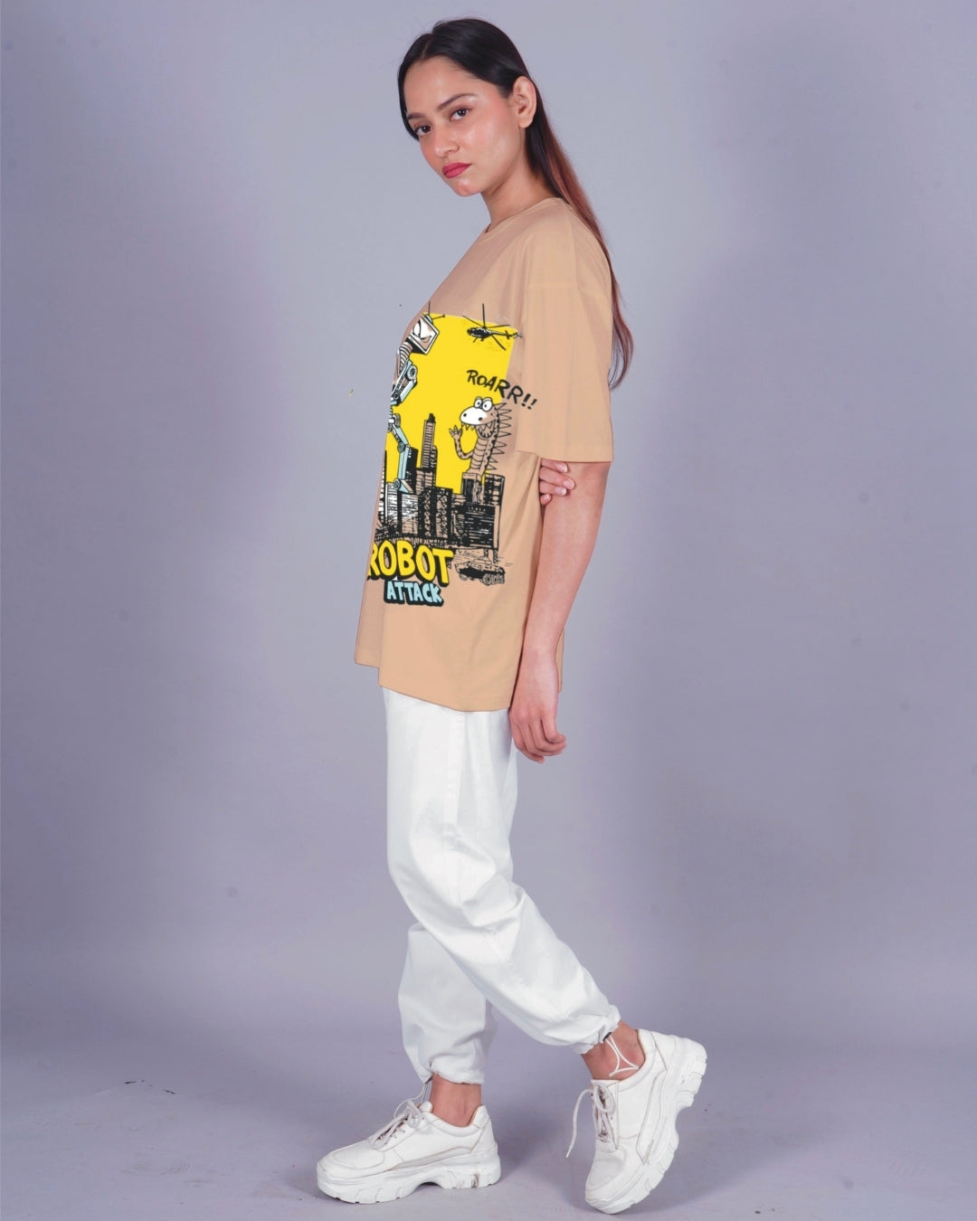 Women Robot Attack Oversized Co-Ord Set - Beige and White
