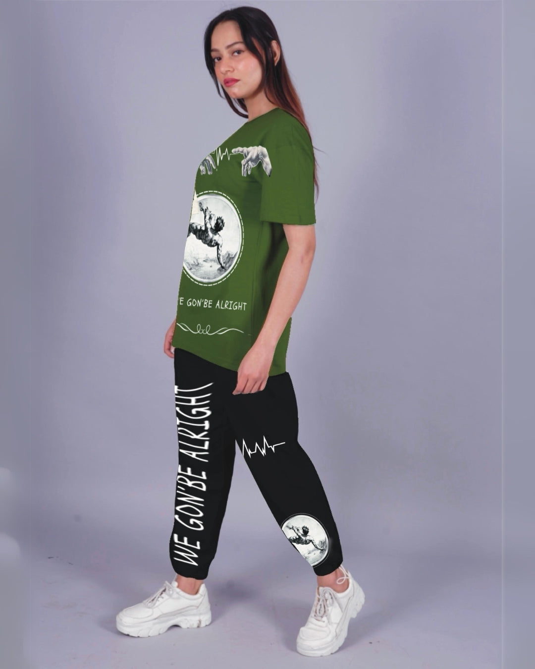 Women Alright Oversized Co-Ord Set - Olive and Black(*)