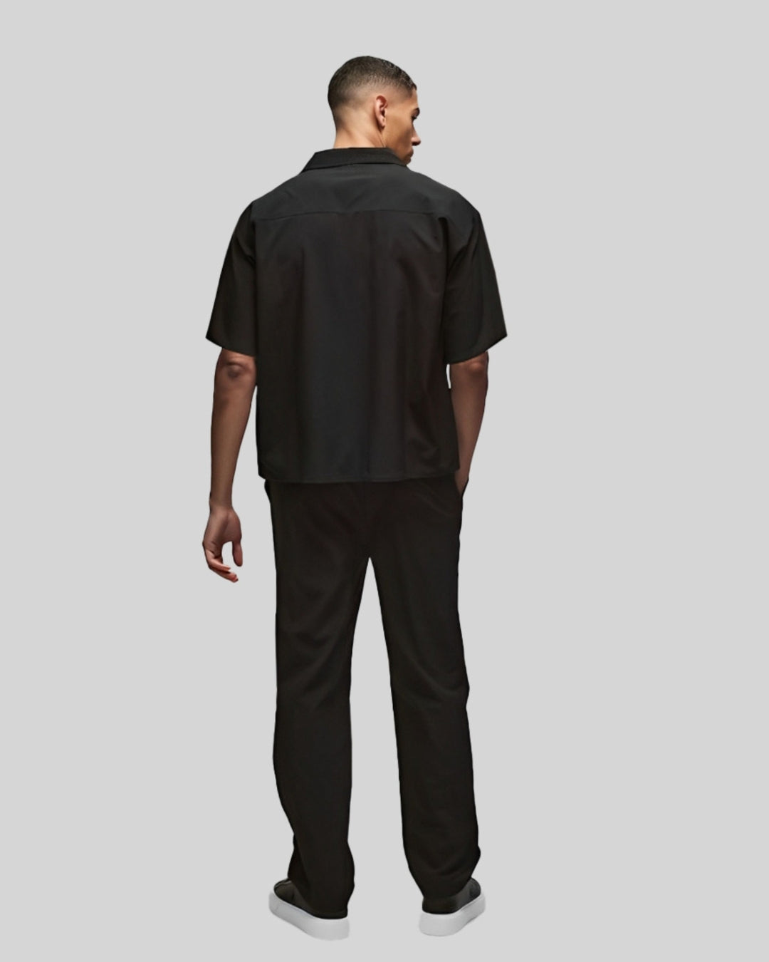 BLUE STAR HALF SLEEVE OVERSIZED KNITTED SHIRT CORD SET - BLACK AND BLACK