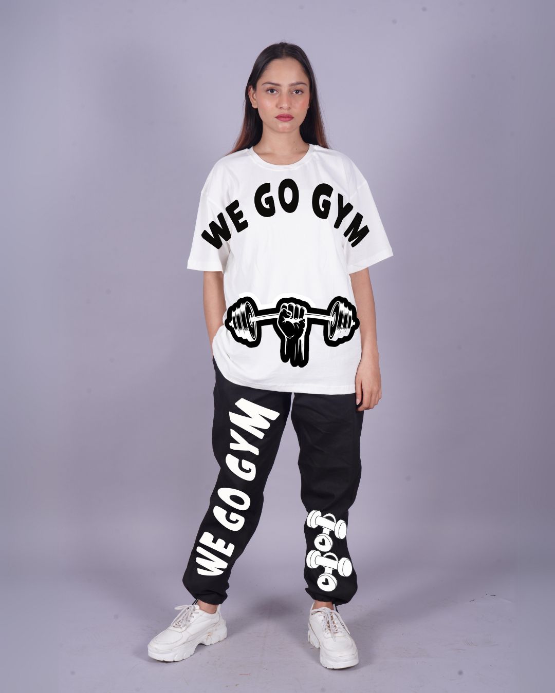 Women Gym Vibes Oversized Co-Ord Set - White and Black
